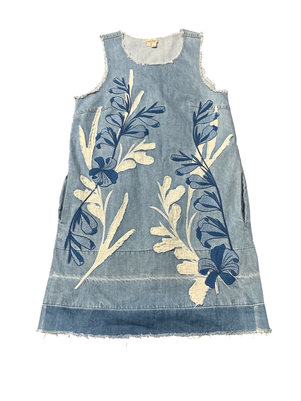 HOLDING HORSES by Anthropologie Light Blue Denim Dress Floral Embroidery Size M